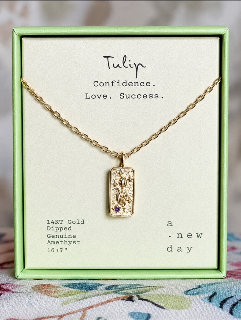 Amethyst Purple Birthstone Tulip Flower 14KT Gold Dipped Pendant Necklace NIB